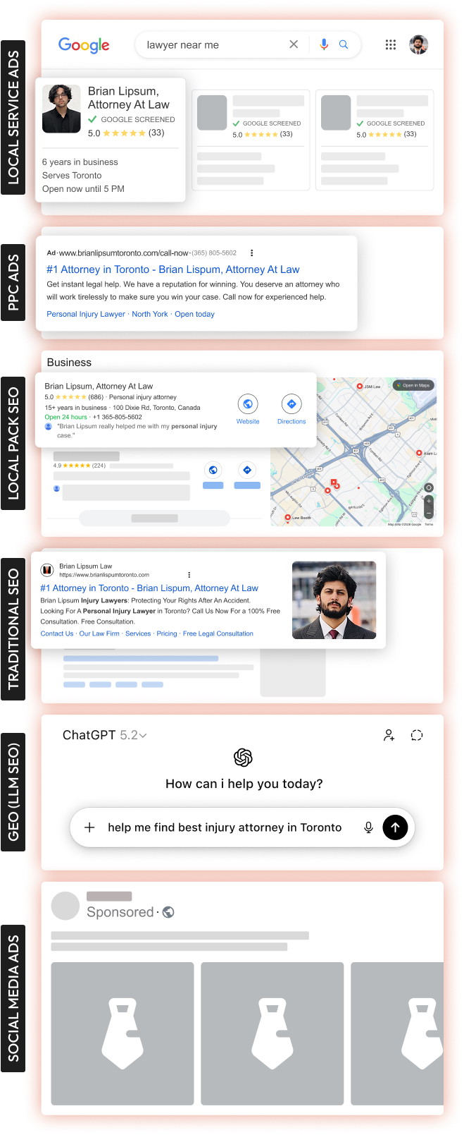 Law firm digital marketing visibility across Google, AI search, and social platforms